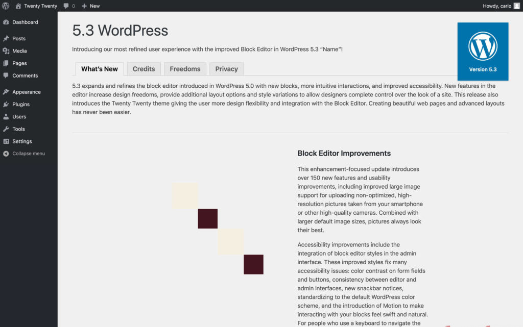 La pagina About temporanea di WordPress