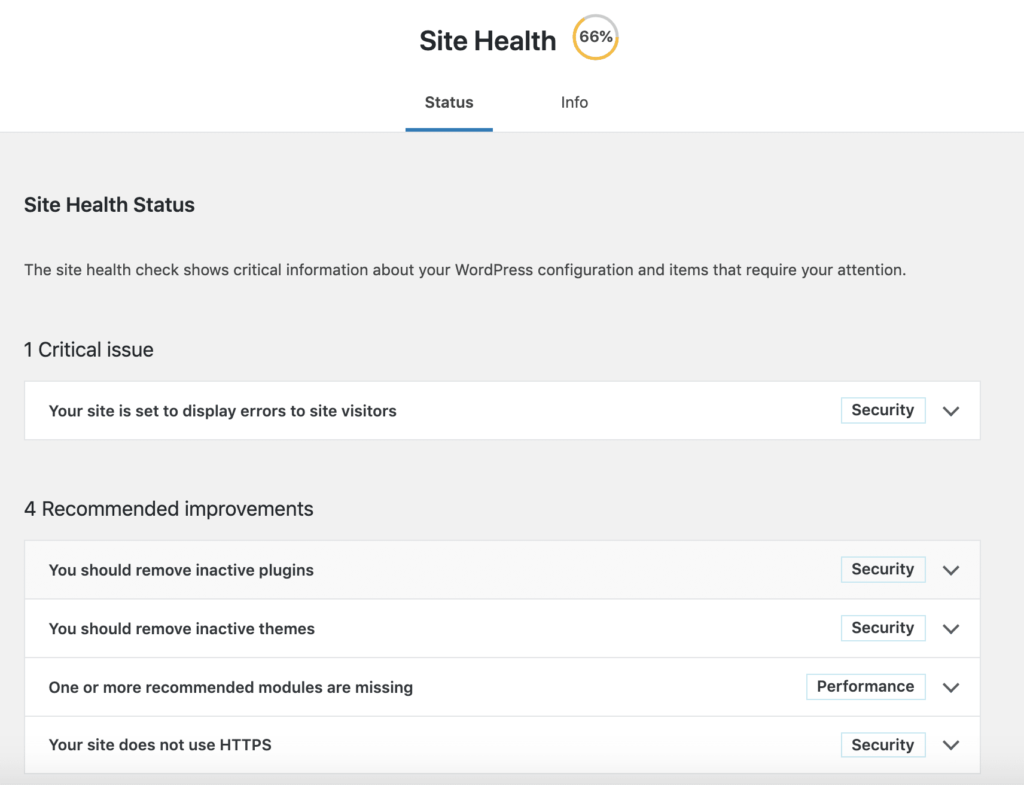 Rimozione del Punteggio Site Health