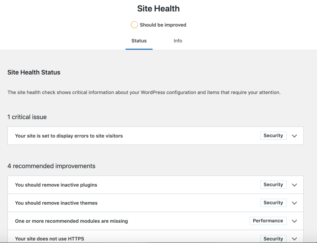 Rimozione del Punteggio Site Health